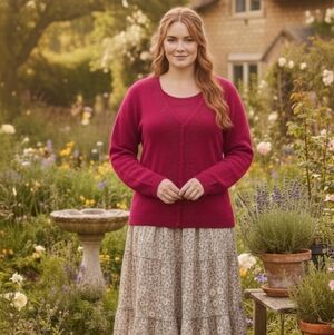 VTG Cranberry Red Mock Twin Set Beaded 2-in-1 Layered Sweater  SZ M/L